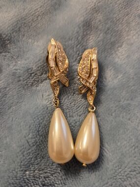 Gold-Tone Pearl Drop Earrings with Crystal Accents
